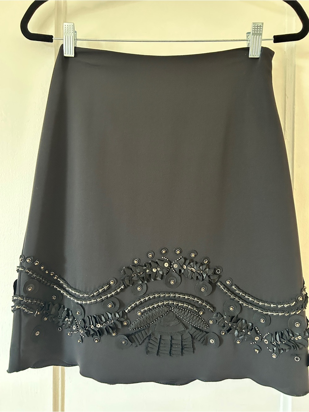 Elie Tahari Embellished Black Silk A-Line Skirt